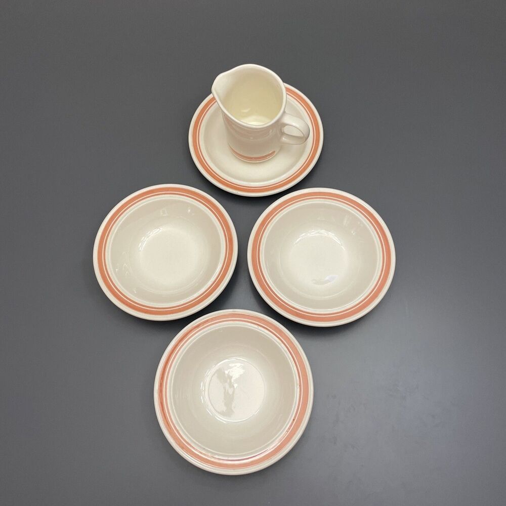 Vintage Homer Laughlin 5 Dishes: 3 Bowls 1 Plate Creamer Eggshell W/Orange Trim